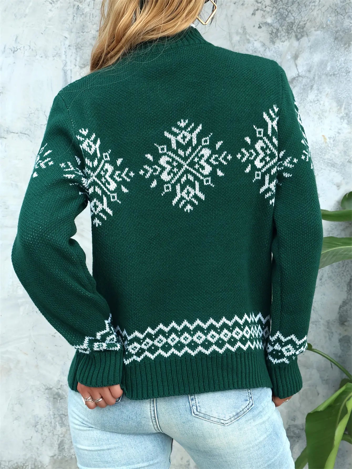 Christmas Tribal Pattern Mock Neck Sweater, Casual Long Sleeve Sweater For Fall & Winter, Women's Clothing MyFave Boutique