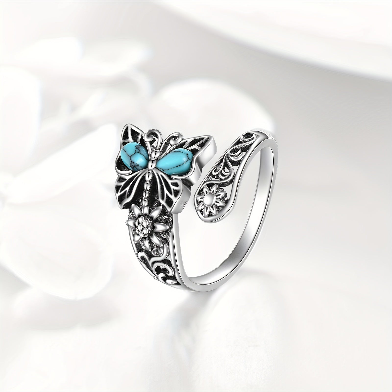 925 Sterling Silver Turquoise Butterfly Spoon Ring Vintage Thumb Rings Boho Adjustable Open Ring Butterfly Jewelry Gifts For Women MyFave Boutique