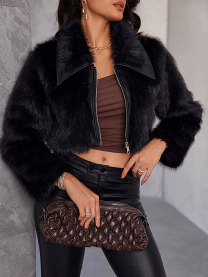 Zip-up Faux Fur Crop Coat, Elegant Long Sleeve Collared Fluffy Coat For Fall & Winter, Women's Clothing MyFave Boutique