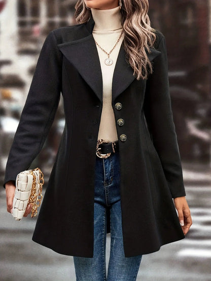 Classic Solid Single Button Lapel Overcoat for Women, Long Sleeve Winter Warmth MyFave Boutique