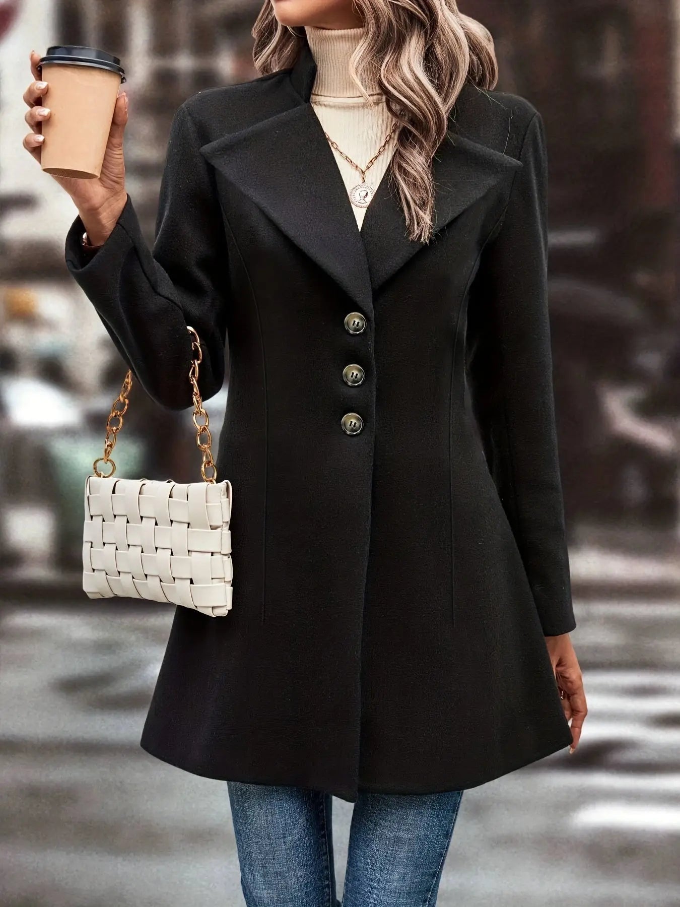 Classic Solid Single Button Lapel Overcoat for Women, Long Sleeve Winter Warmth MyFave Boutique