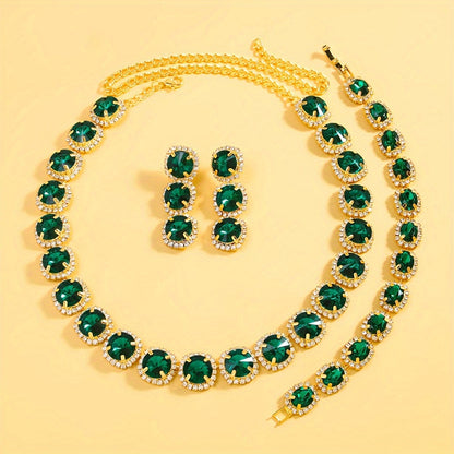 Emerald Rhinestone Necklace Earrings Bracelet Set High-End Bridal Jewelry Set Accessories MyFave Boutique