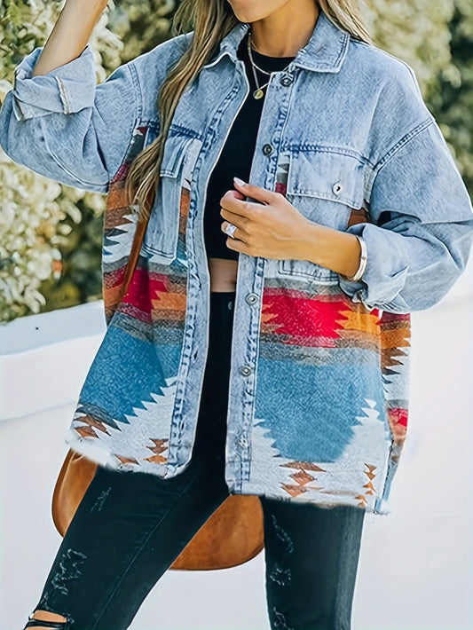 Women's Denim Aztec Jacket Lapel Long Sleeve Vintage Button Down Color Block Geometric Graphic Denim Jacket MyFave Boutique