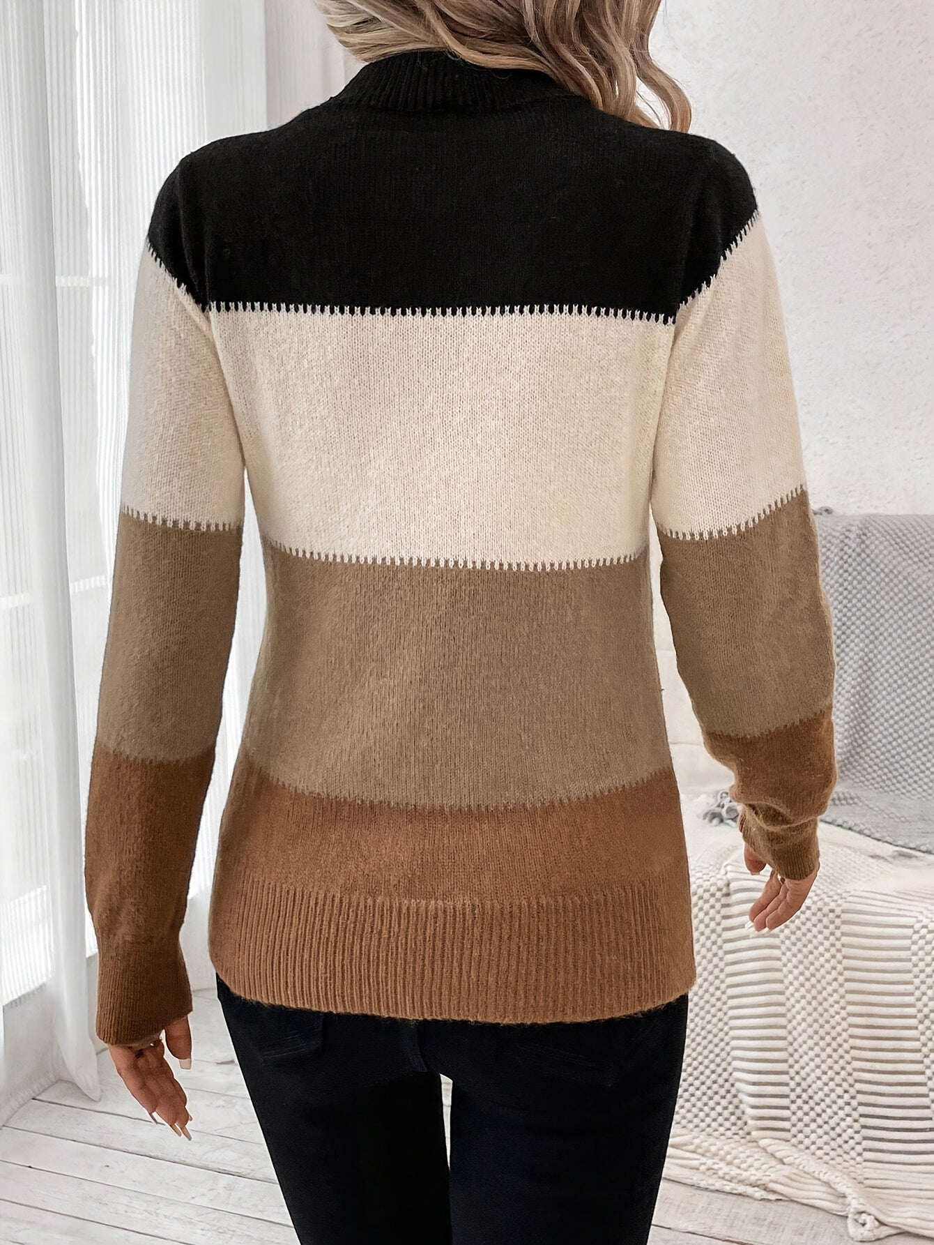 Color Block Knitted Pullover Sweater, Casual Mock Neck Long Sleeve Top For Fall & Winter, Women's Clothing MyFave Boutique