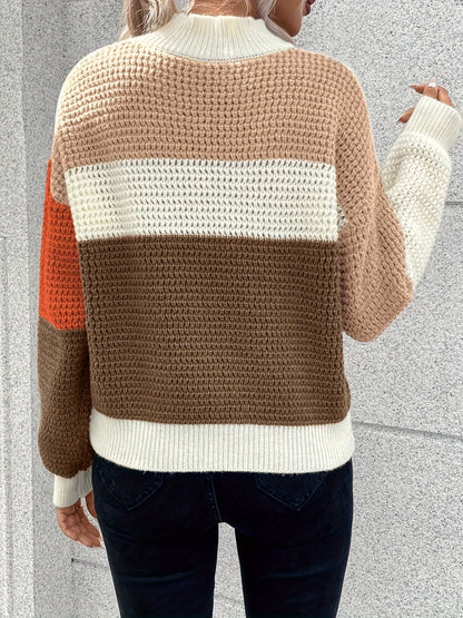 Color Block Mock Neck Sweater, Stylish Drop Shoulder Long Sleeve Sweater For Fall & Winter, Women's Clothing MyFave Boutique