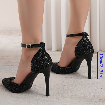 Women's Glitter Design Stiletto Heels, Elegant Point Toe Dress Pumps, Fashion Buckle Strap Heels for carnival & Music Festival MyFave Boutique