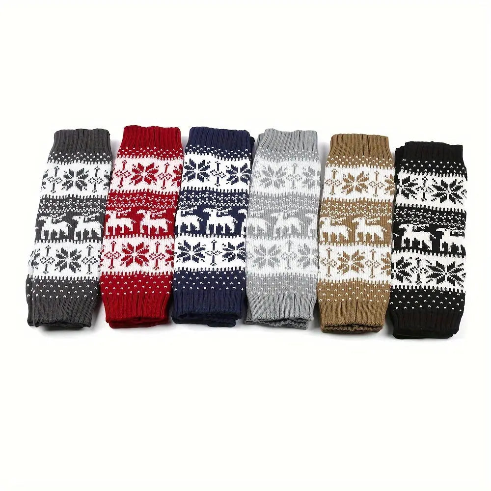 2 Pairs Deer & Snowflake Leg Warmers, Christmas Ethnic Style Knitted Boot Socks For Fall & Winter, Women's Stockings & Hosiery MyFave Boutique