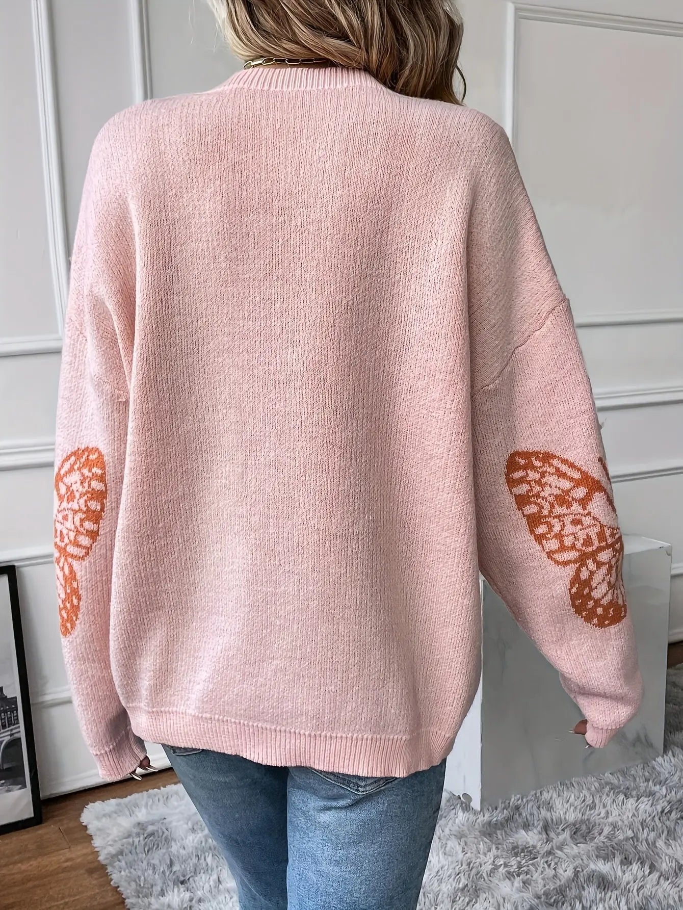 Elegant Butterfly Print Drop Shoulder Sweater for Women, Long Sleeve Fall Winter Cozy Knitwear MyFave Boutique