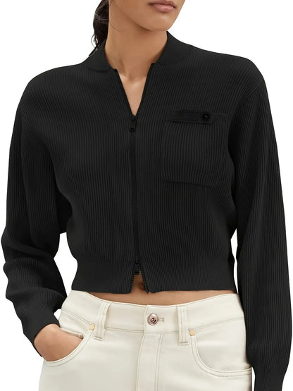 Cropped Zip Up Cardigan Sweaters for Women Ribbed Knit V Neck Long Sleeve Y2K Trendy Soft Crop Tops MyFave Boutique