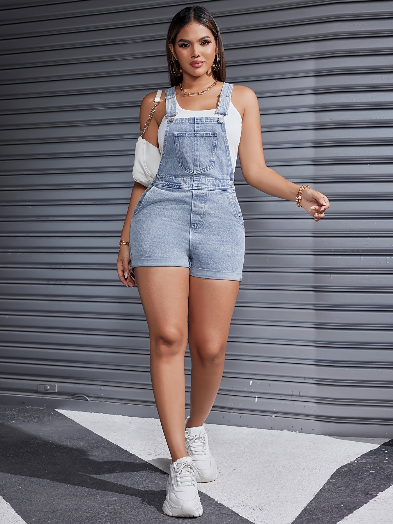 2024 Fashion denim overalls Sexy fashion wash denim Shorts Women's casual denim bib overall shorts Adjustable shoulder strap cuffed hem jumpsuit MyFave Boutique