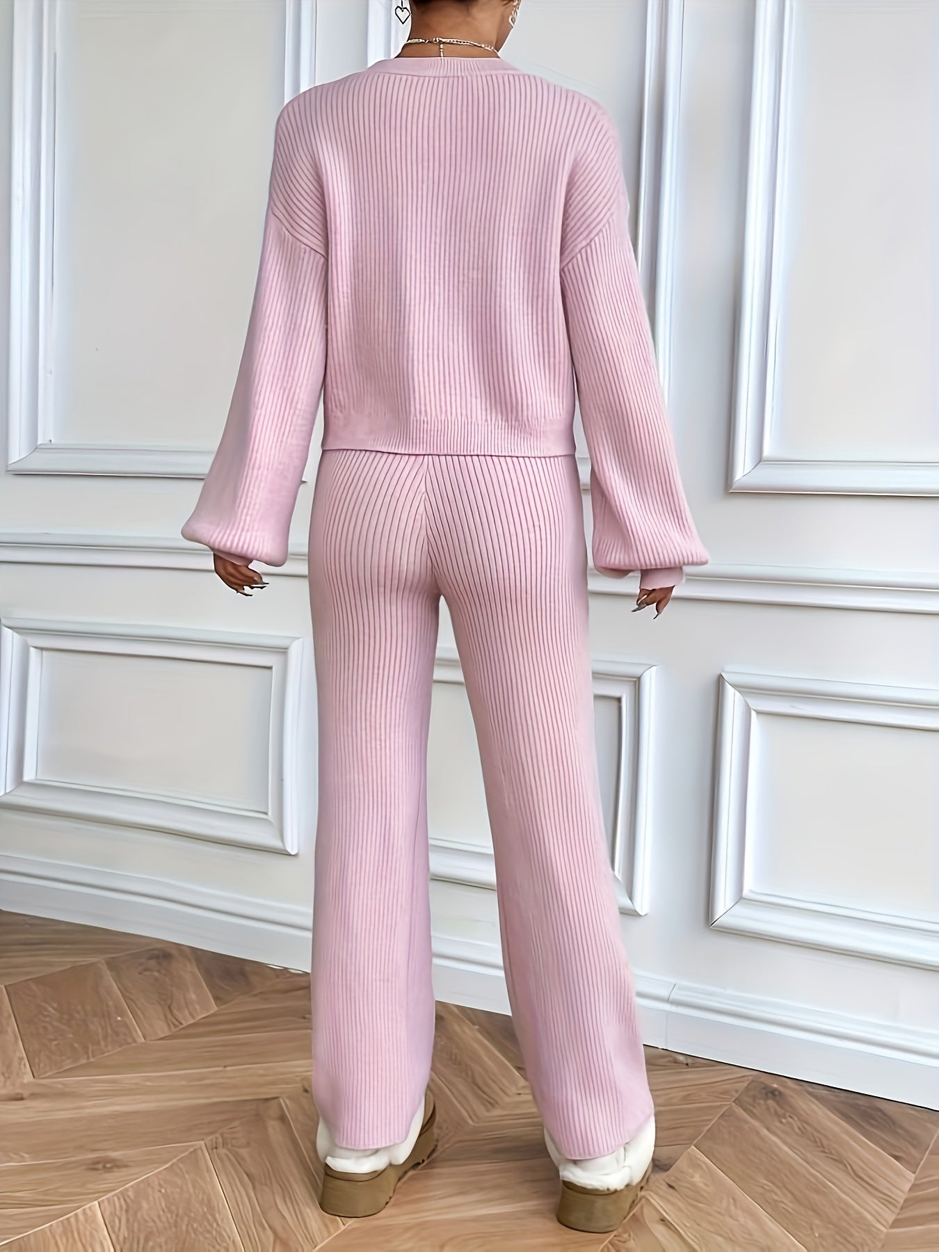 Elegant V-Neck Knit Sweater Set with Pants - Soft Pink, Polyester Blend, V-Neck, Solid Color, Knit Fabric, Women's Fashion MyFave Boutique