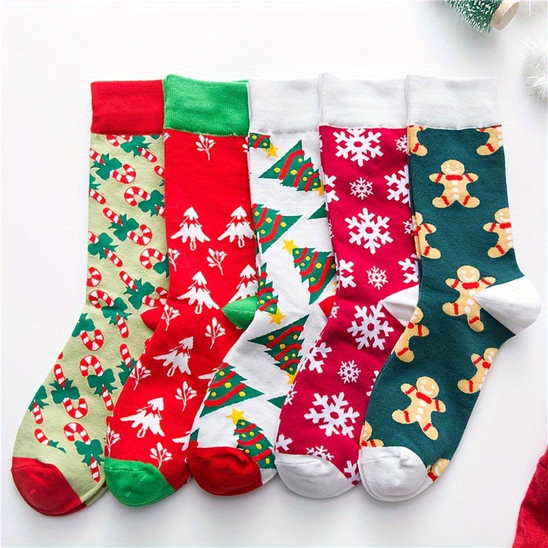 5 Pairs Christmas Pattern Socks, Casual Vintage Style Mid Tube Socks For Fall & Winter, Women's Stockings & Hosiery MyFave Boutique