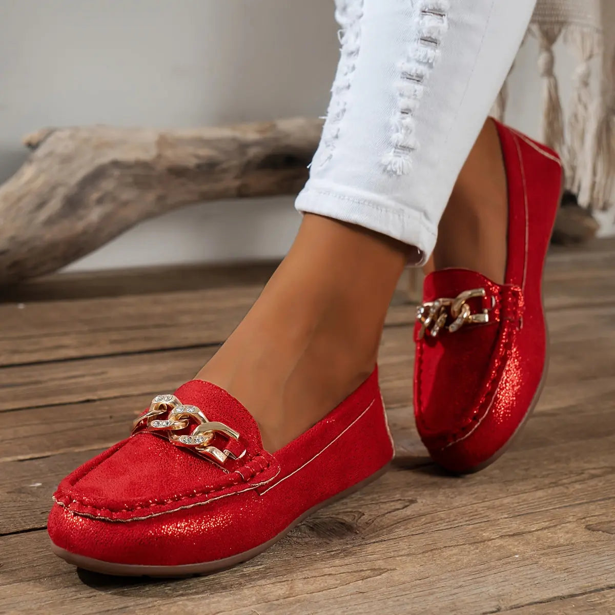 Women's Metallic Buckle Decor Loafers, Round Toe Slip On Flat Shoes, Fashion Comfortable Low Top Flats MyFave Boutique