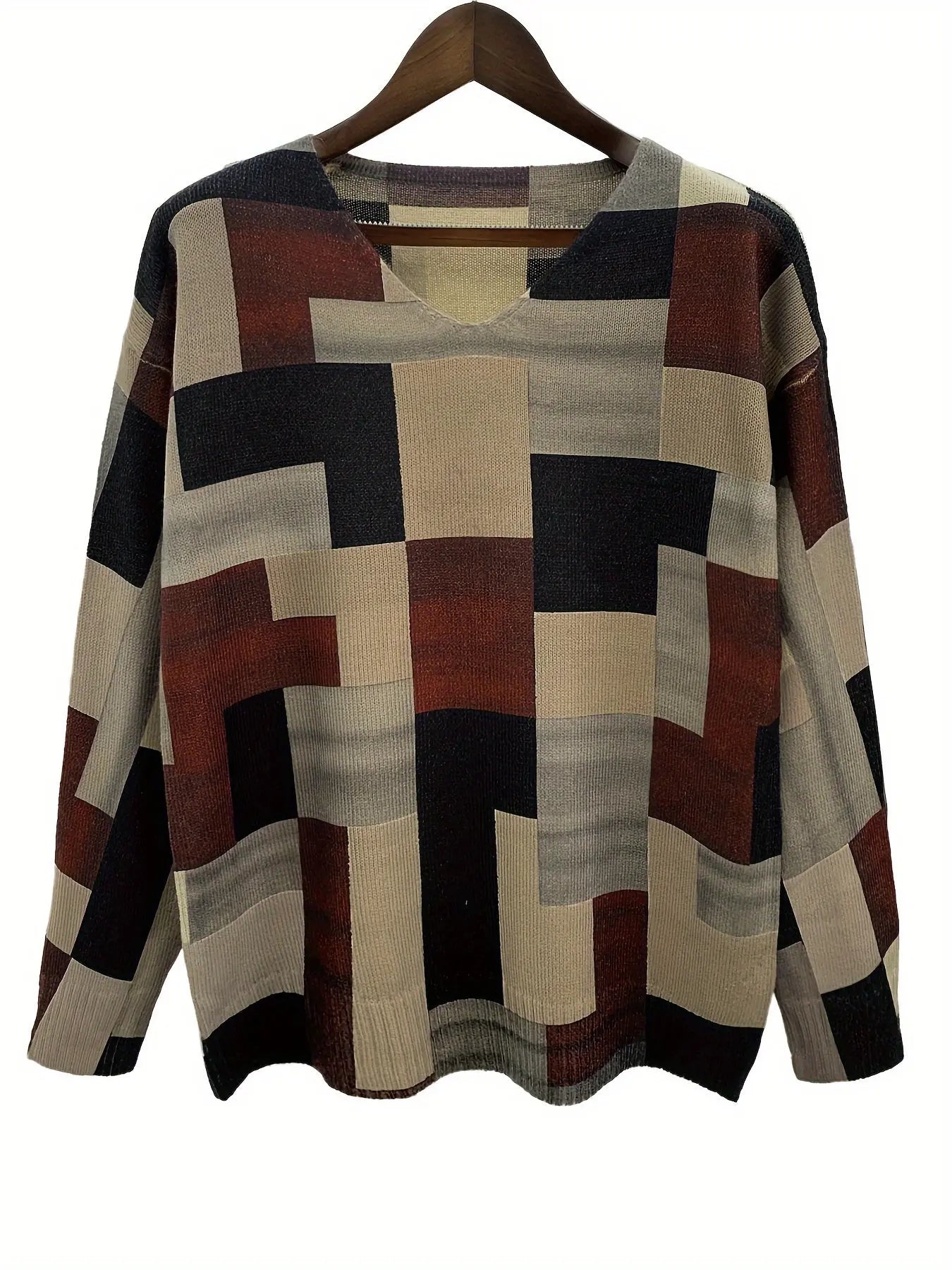 Patchwork Pattern V Neck Sweater, Casual Long Sleeve Sweater For Fall & Winter, Women's Clothing MyFave Boutique