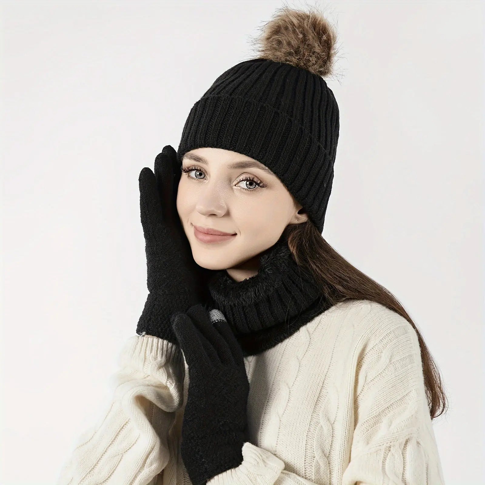 3pcs Cozy Knit Winter Set - Thickened Fleece-Lined Scarf, Gloves & Hat for Outdoor Warmth | Hand Wash Only MyFave Boutique