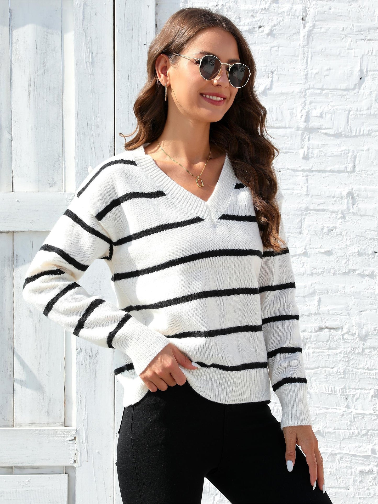 Striped V Neck Knit Sweater, Elegant Long Sleeve Pullover Sweater, Women's Clothing MyFave Boutique