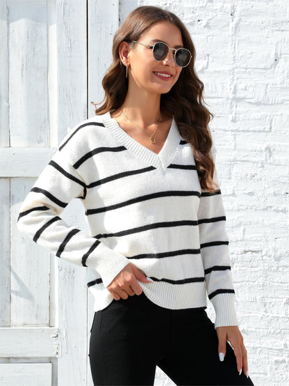 Striped V Neck Knit Sweater, Elegant Long Sleeve Pullover Sweater, Women's Clothing MyFave Boutique