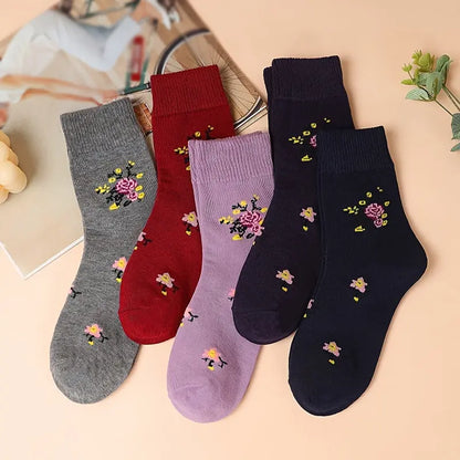 5 Pairs Floral Pattern Crew Socks, Warm Thick All-match Mid Tube Socks For Fall & Winter, Women's Stockings & Hosiery MyFave Boutique