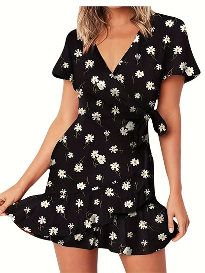 Floral Print Surplice Neck Wrap Dress, Elegant Tied Waist Short Sleeve Ruffle Hem Mini Dress, Women's Clothing MyFave Boutique