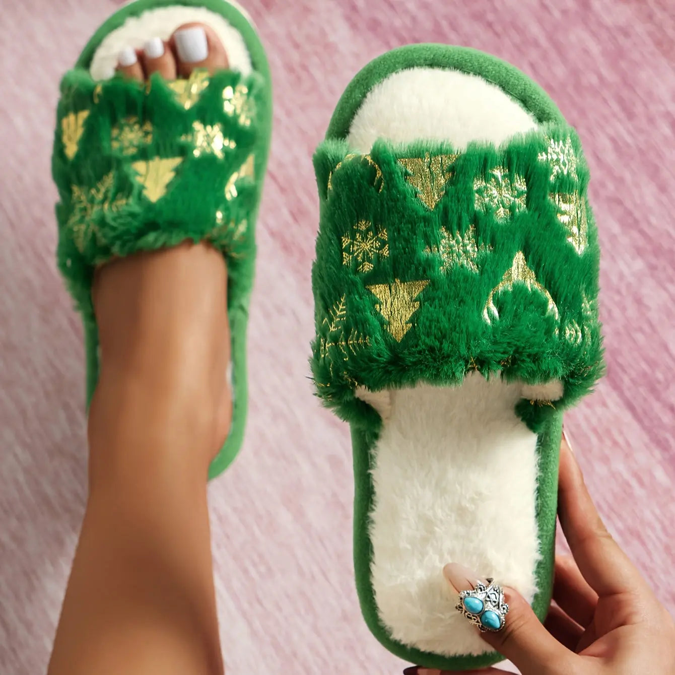 Women's Cozy Christmas Plush Open-Toe Slippers with Non-Slip EVA Sole MyFave Boutique