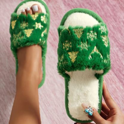 Women's Cozy Christmas Plush Open-Toe Slippers with Non-Slip EVA Sole MyFave Boutique