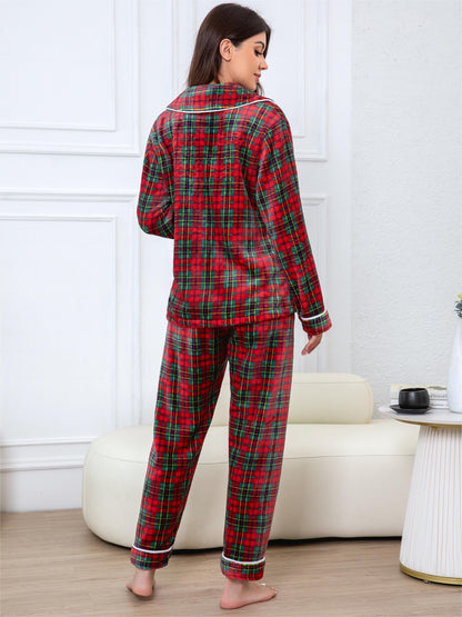 Women's Plaid Print Casual Fleece Thick Pajama Set, Long Sleeve Buttons Lapel Top & Pants, Comfortable Relaxed Fit For Fall & Winter MyFave Boutique