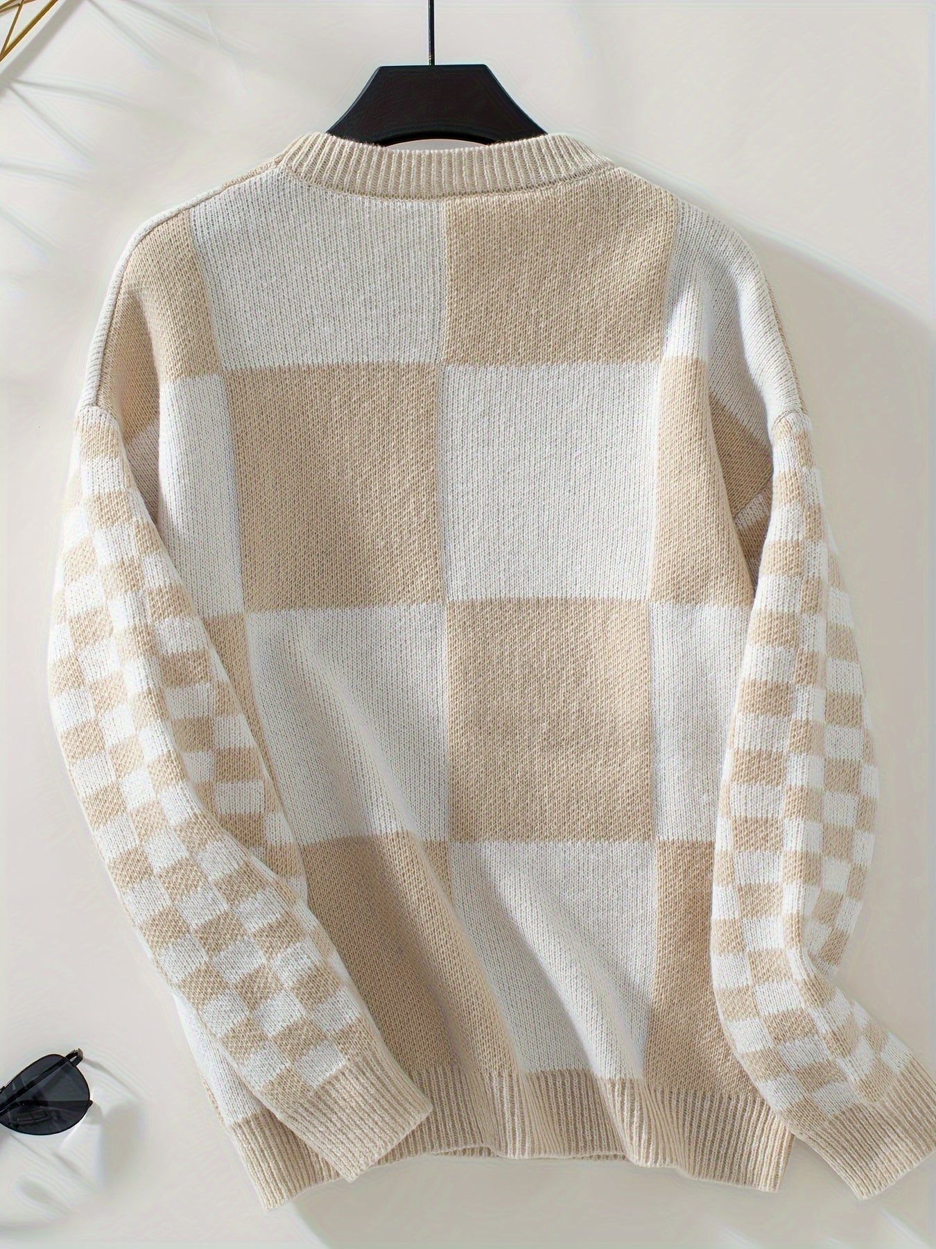 Plaid Color Block Crew Neck Sweater, Casual Long Sleeve Sweater For Fall & Winter, Women's Clothing MyFave Boutique