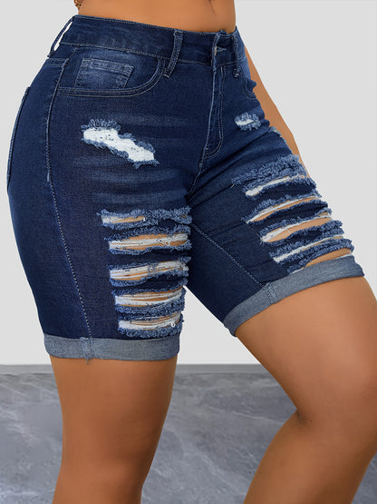 Vibrant Washed Blue Ripped Roll Up Hem Denim Shorts - Distressed Casual Slash Pocket Design, Comfortable Stretchy Fabric, Relaxed Fit, Women's Fashionable Denim Jeans & Clothing for Everyday Wear MyFave Boutique