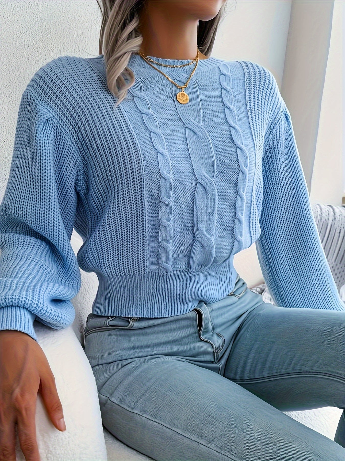 Cable Knit Lantern Sleeve Knitted Sweater, Casual Long Sleeve Drop Shoulder Pullover Sweater For Fall & Winter, Women's Clothing MyFave Boutique