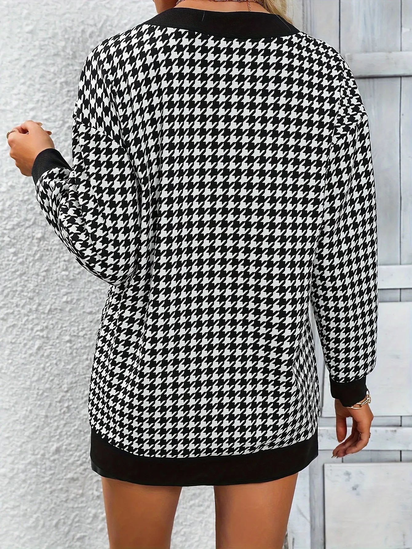 Houndstooth Pattern Button Front Jacket, Elegant Long Sleeve Drop Shoulder Outwear, Women's Clothing MyFave Boutique