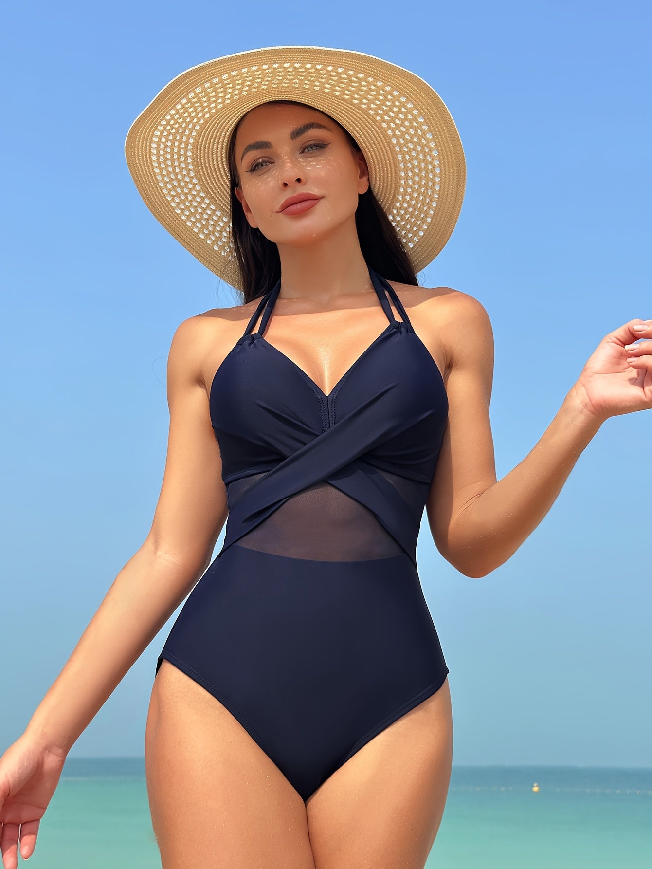 Solid Color Mesh Contrast Halter Crisscross Tie Neck Backless One-piece Swimsuit, Bathing Suits, Women's Swimwear & Clothing MyFave Boutique