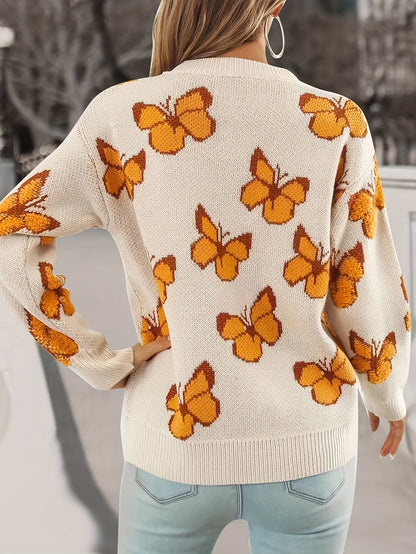 Butterfly Pattern Crew Neck Sweater, Casual Long Sleeve Sweater For Fall & Winter, Women's Clothing MyFave Boutique