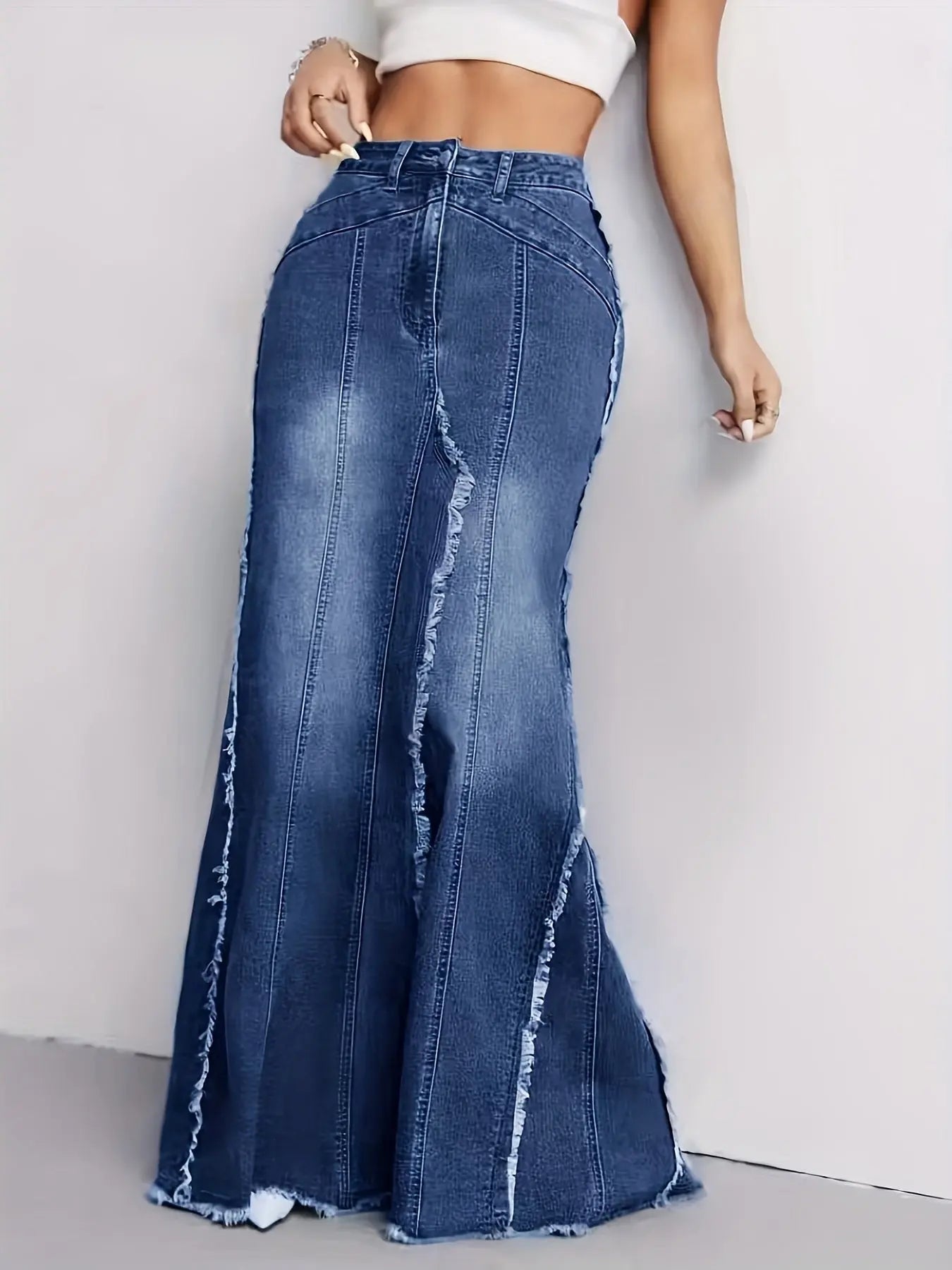 Raw Hem High Rise Plain Washed Blue Distressed Maxi Denim Skirt, Women's Denim Jeans & Clothing MyFave Boutique