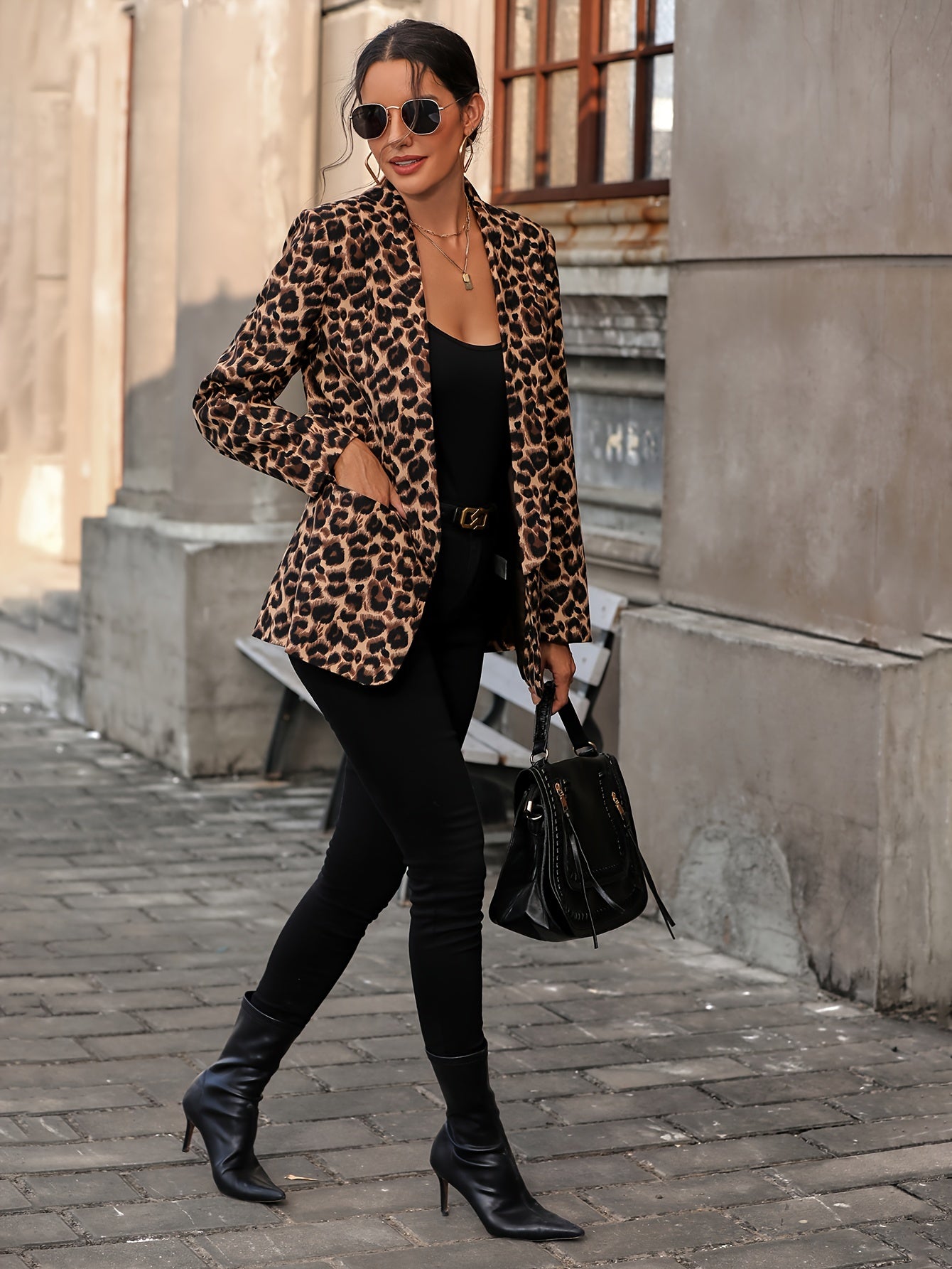 Leopard Print Open Front Blazer, Elegant Lapel Neck Long Sleeve Blazer For Office & Work, Women's Clothing MyFave Boutique