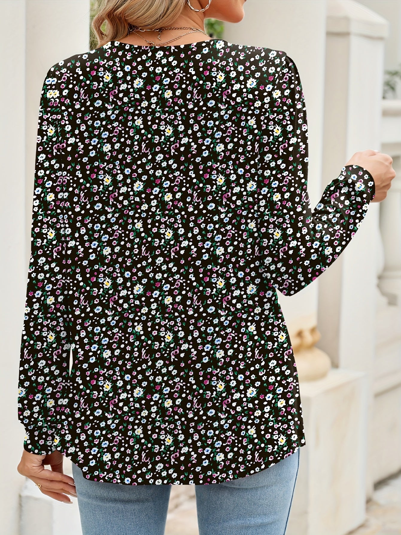 Floral Print Notched Neck Blouse, Elegant Long Lantern Sleeve Arc Hem Blouse For Spring & Fall, Women's Clothing MyFave Boutique