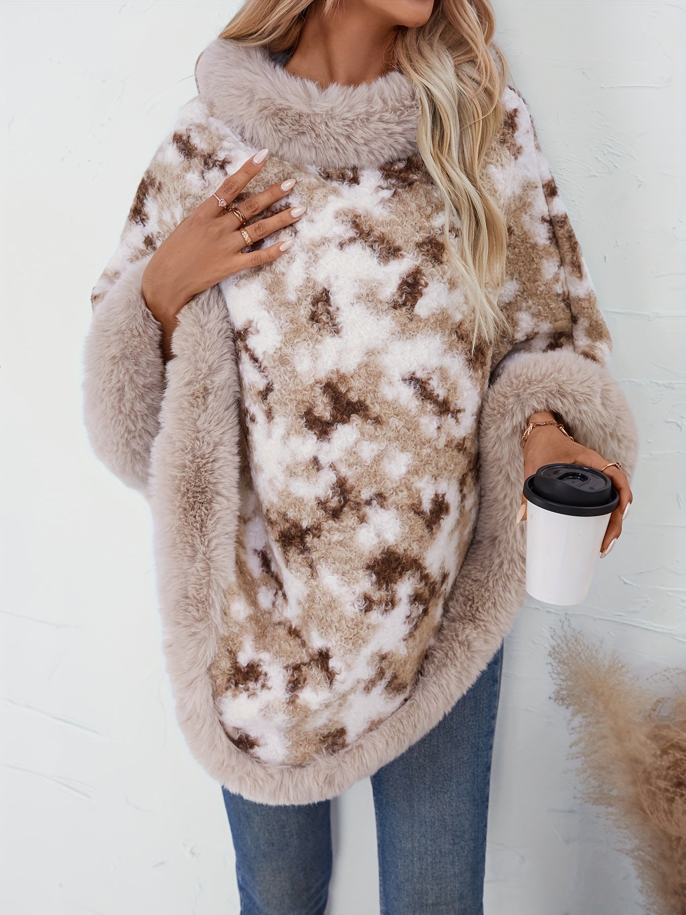 Fuzzy Knit Crew Neck Poncho, Casual Hanky Hem Long Sleeve Sweater For Fall & Winter, Women's Clothing MyFave Boutique