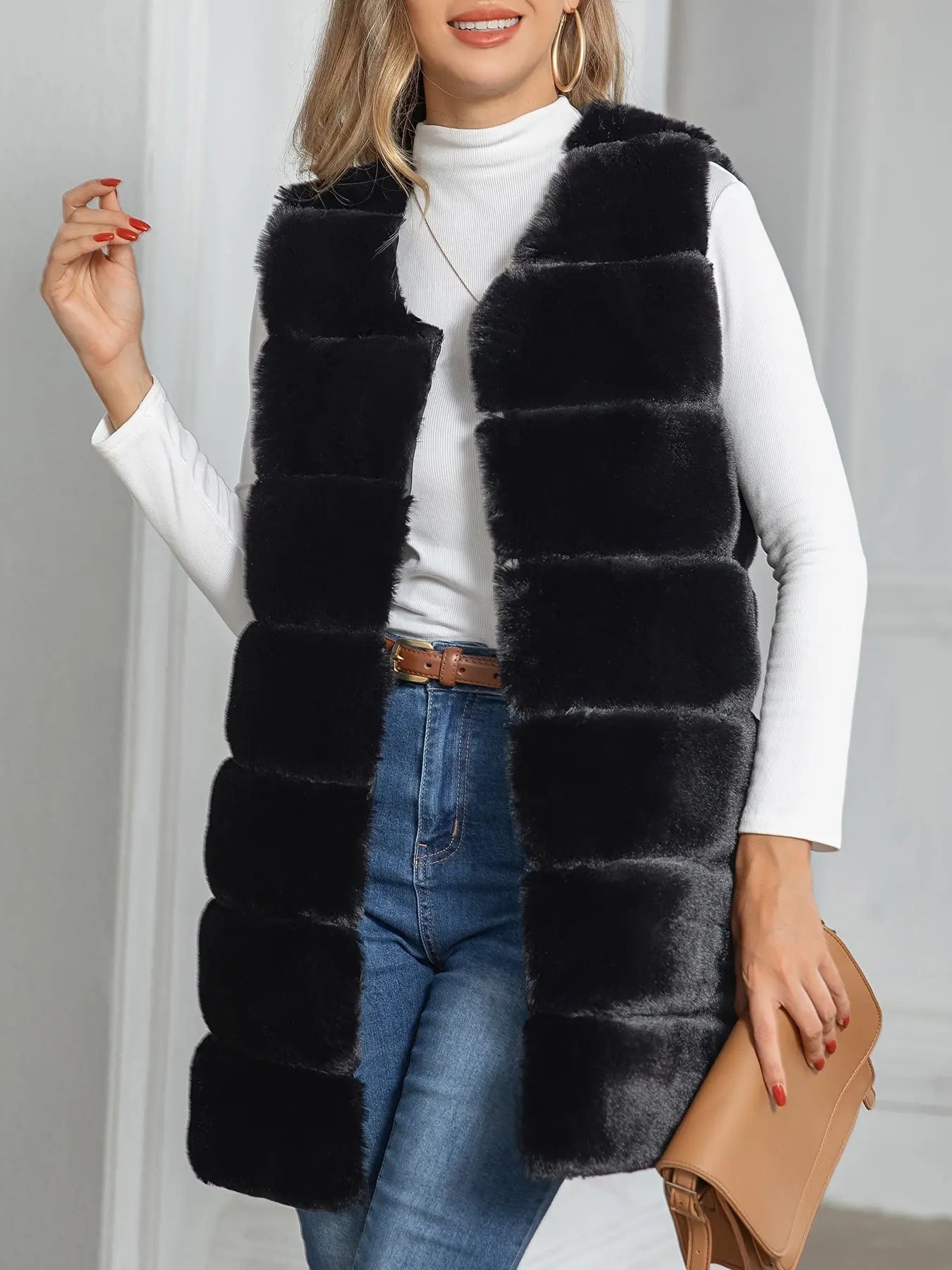 Fuzzy Solid Open Front Vest, Casual Sleeveless Winter Vest, Women's Clothing MyFave Boutique