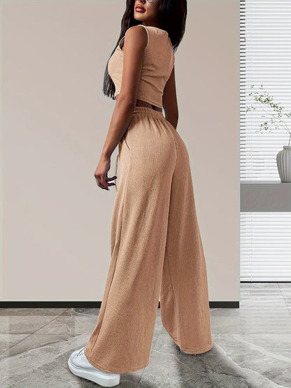 Elegant Solid Color Ribbed Three Pieces, V Neck Crop Tank Top & Button Front Long Sleeve Cardigan & Drawstring High Waist Wide Leg Pants Outfits, Women's Clothing MyFave Boutique