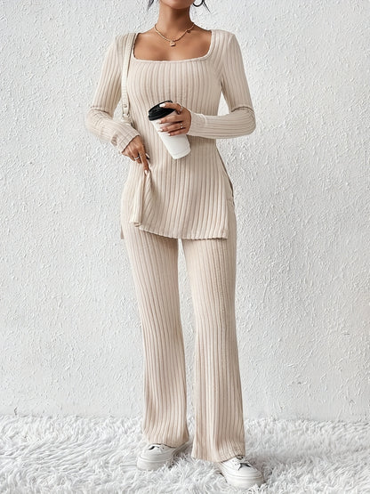 Rib Knit Slit Hem Solid Color Casual Set, Square Neck Long Sleeve Top & Straight Leg Pants, Women's Clothing MyFave Boutique