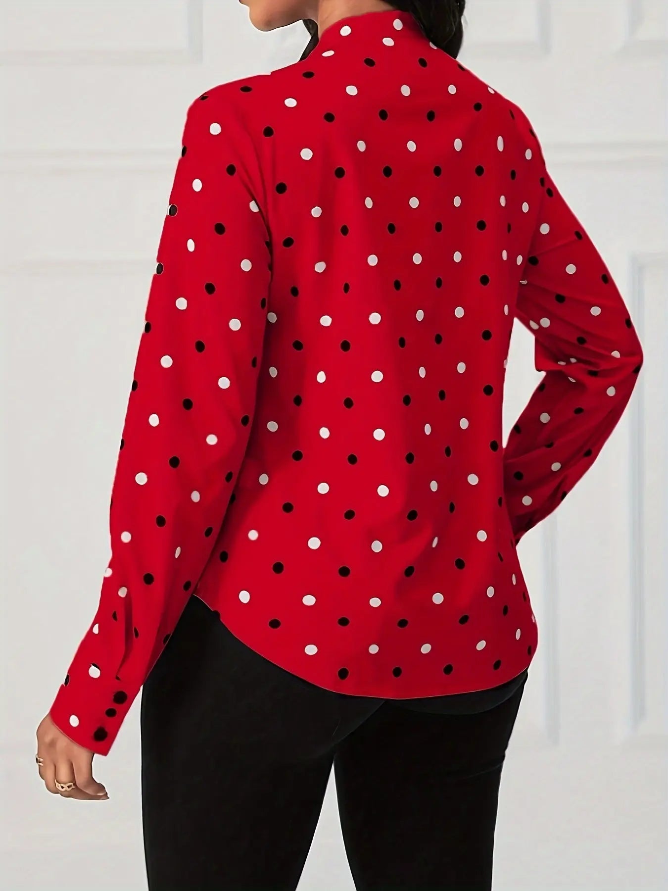 Ladies Polka Dot Print Tie Casual Elegant Long Sleeve Shirt MyFave Boutique