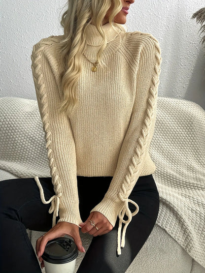 Turtle Neck Tie Long Sleeve Sweater, Elegant Raglan Sleeve Sweater For Fall & Winter, Women's Clothing MyFave Boutique