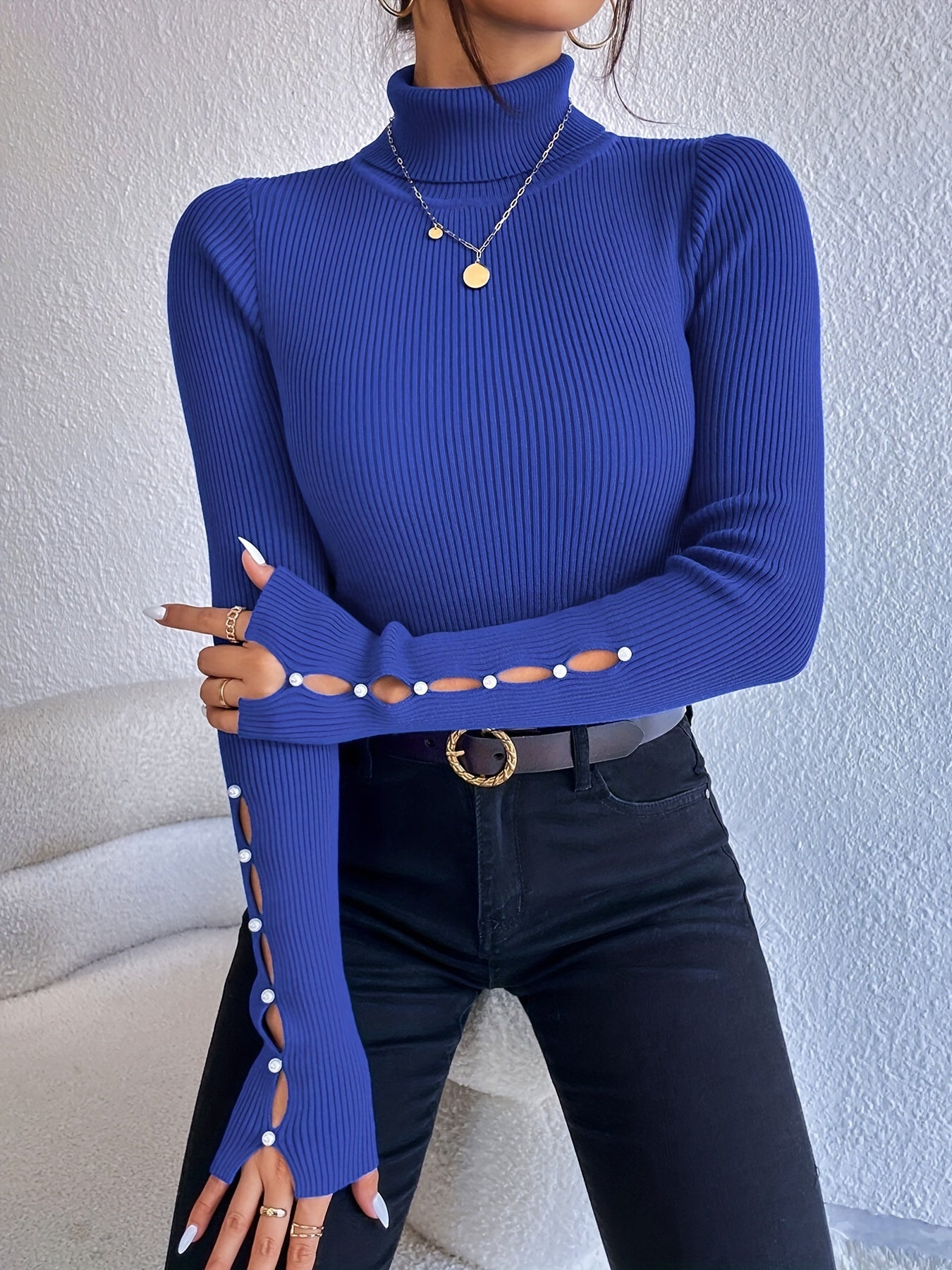 Beaded Hollow Out Slim Sweater, Elegant Turtle Neck Long Sleeve Sweater For Spring & Fall, Women's Clothing MyFave Boutique