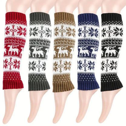 2 Pairs Deer & Snowflake Leg Warmers, Christmas Ethnic Style Knitted Boot Socks For Fall & Winter, Women's Stockings & Hosiery MyFave Boutique