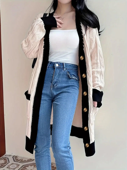 Contrast Trim Button Front Cardigan, Elegant Long Sleeve Pocket Mid-length Cardigan For Spring & Fall, Women's Clothing MyFave Boutique