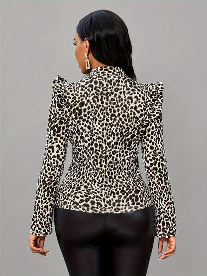 Leopard Print Ruffle Trim Jacket, Casual Zipper Front Long Sleeve Jacket For Spring & Fall, Women's Clothing MyFave Boutique