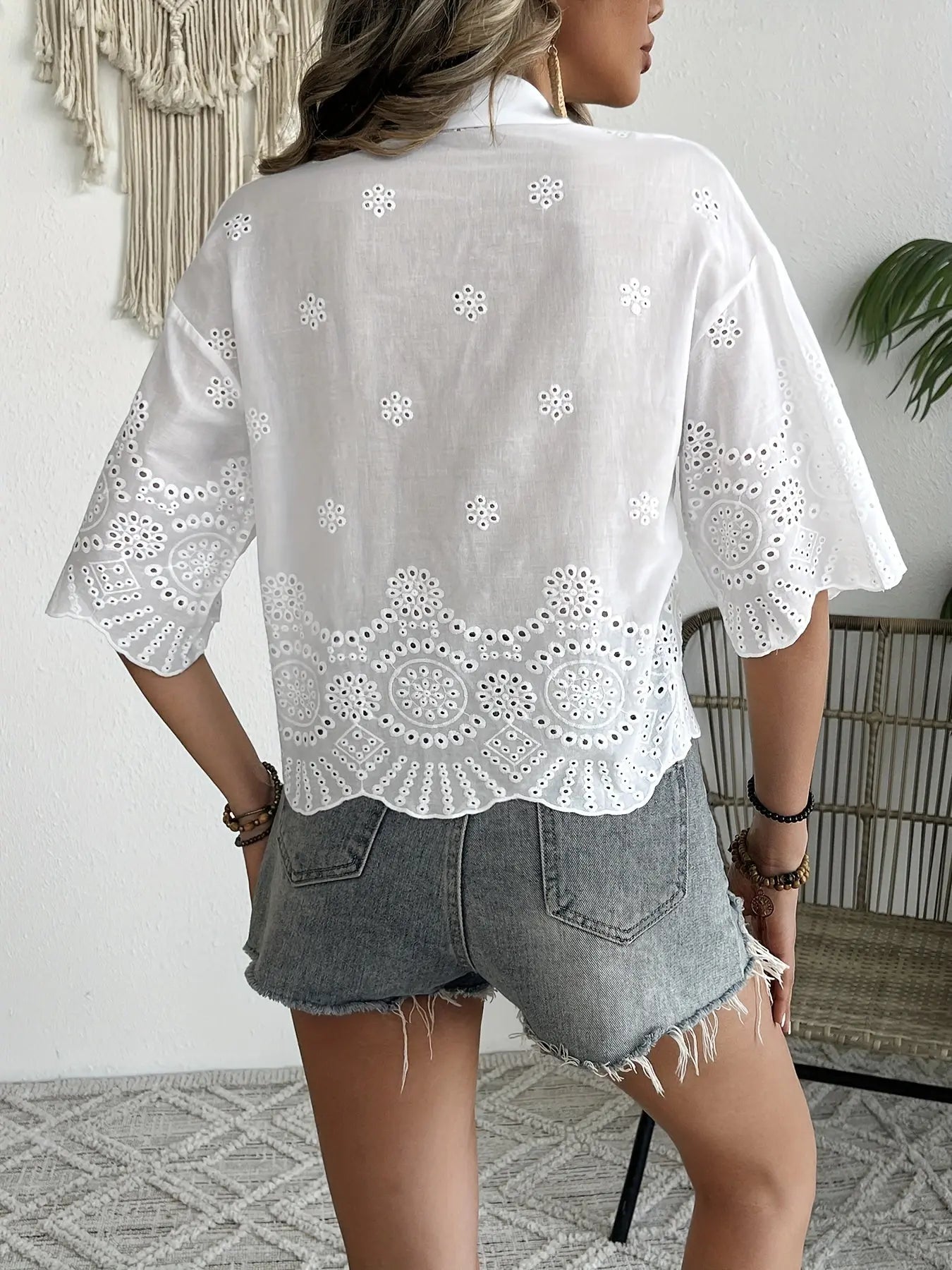 Eyelet Embroidered Button Front Shirt, Casual Short Sleeve Shirt For Spring & Summer, Women's Clothing MyFave Boutique