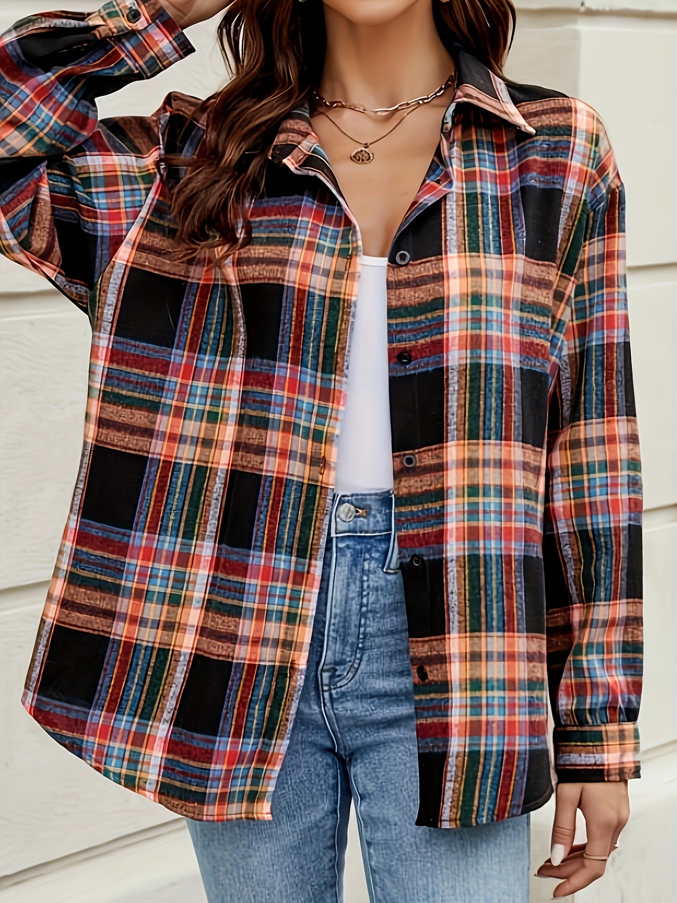 Plaid Print Lapel Neck Blouse, Casual Button Front Long Sleeve Blouse For Spring & Fall, Women's Clothing MyFave Boutique