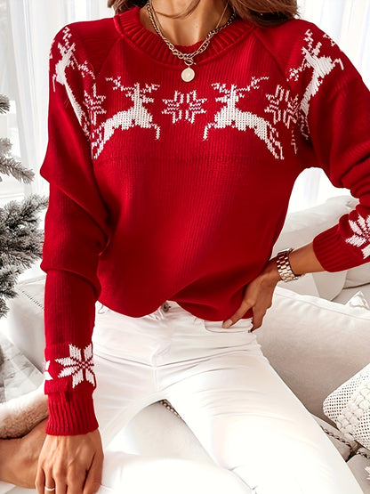 Women's Christmas Crew Neck Pullover Sweater - Cozy Long Sleeve Raglan Shoulder Sweater for Casual Wear and Festive Celebrations MyFave Boutique