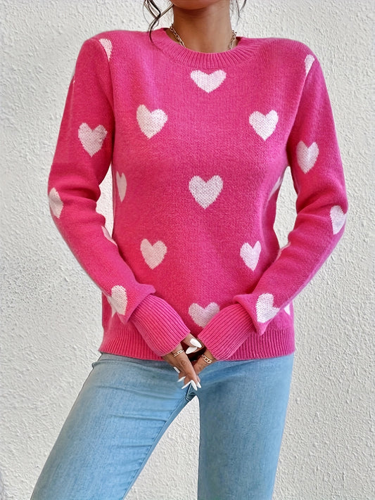 Heart Pattern Crew Neck Sweater, Casual Long Sleeve Sweater For Fall & Winter, Women's Clothing MyFave Boutique