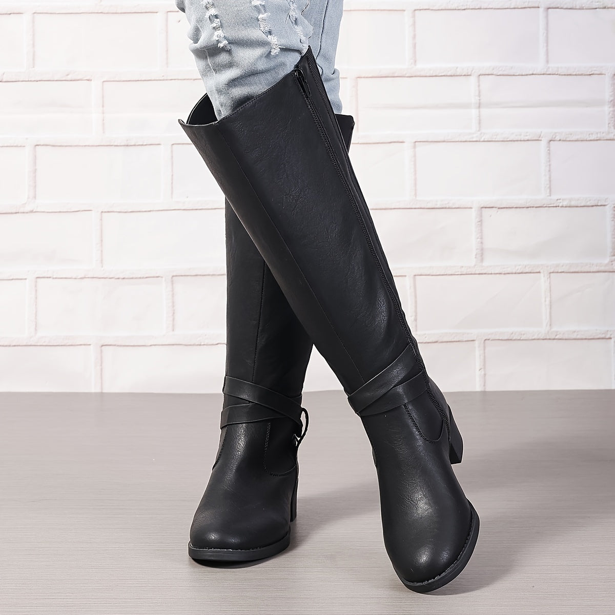 Women's Side Zipper Long Boots, Solid Color Crisscross Buckle Design Boots, All-Match Chunky Low Heeled Boots MyFave Boutique